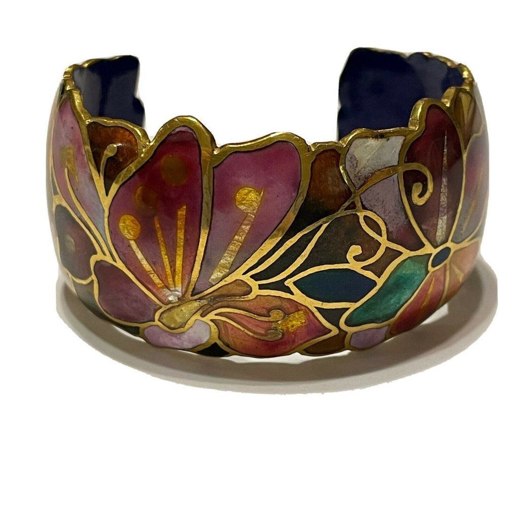 vintage wide enamel Cloisonné butterfly floral champleve bracelet by David Kuo